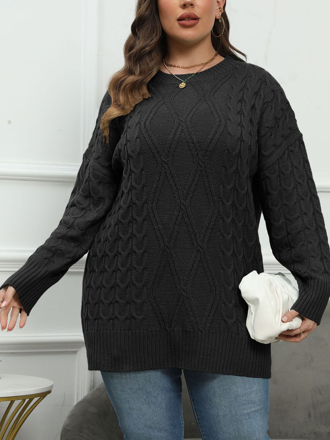 Plus Size Round Neck Long Sleeve Sweater Black Long Sleeve Tops JT's Designer Fashion