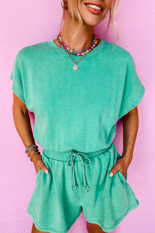 Sea Green Mineral Wash Drawstring Waist Hollow Out Back Short Sleeve Romper Bottoms JT's Designer Fashion