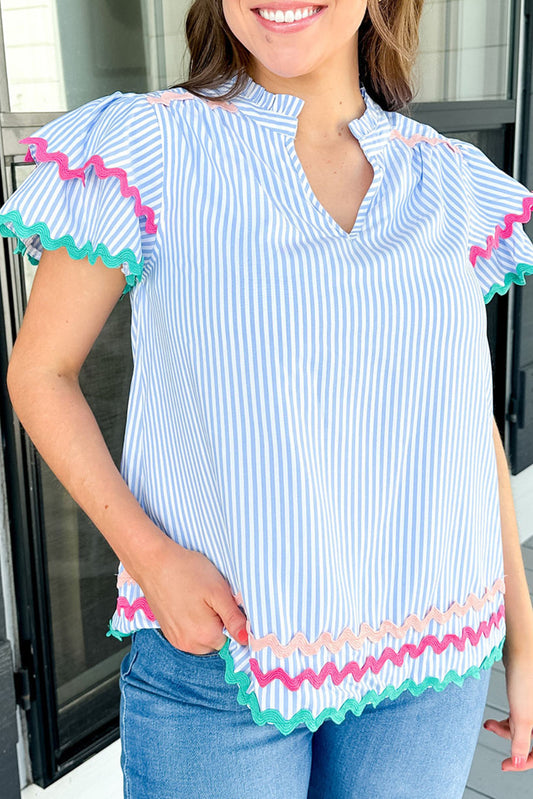 Sky Blue Stripe Ricrac Trim Split Neck Ruffled Sleeve Top Tops & Tees JT's Designer Fashion