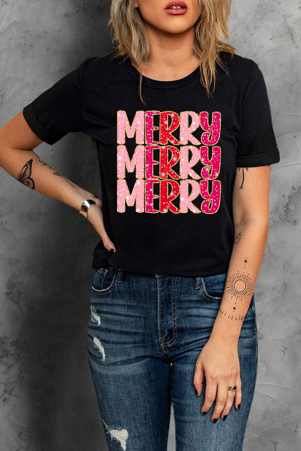 Black Heat Transfer Printing MERRY Letter Christmas Graphic Tee Graphic Sweatshirts JT's Designer Fashion