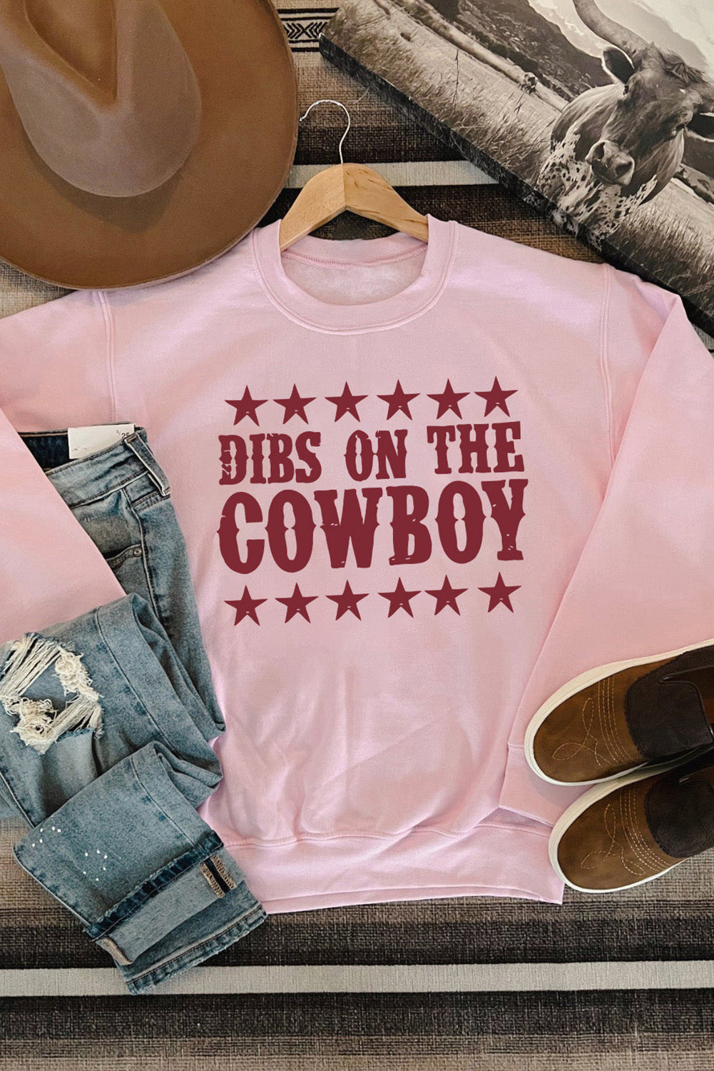 Pink Dibs On The Cowboys Star Print Graphic Sweatshirt Graphic Sweatshirts JT's Designer Fashion