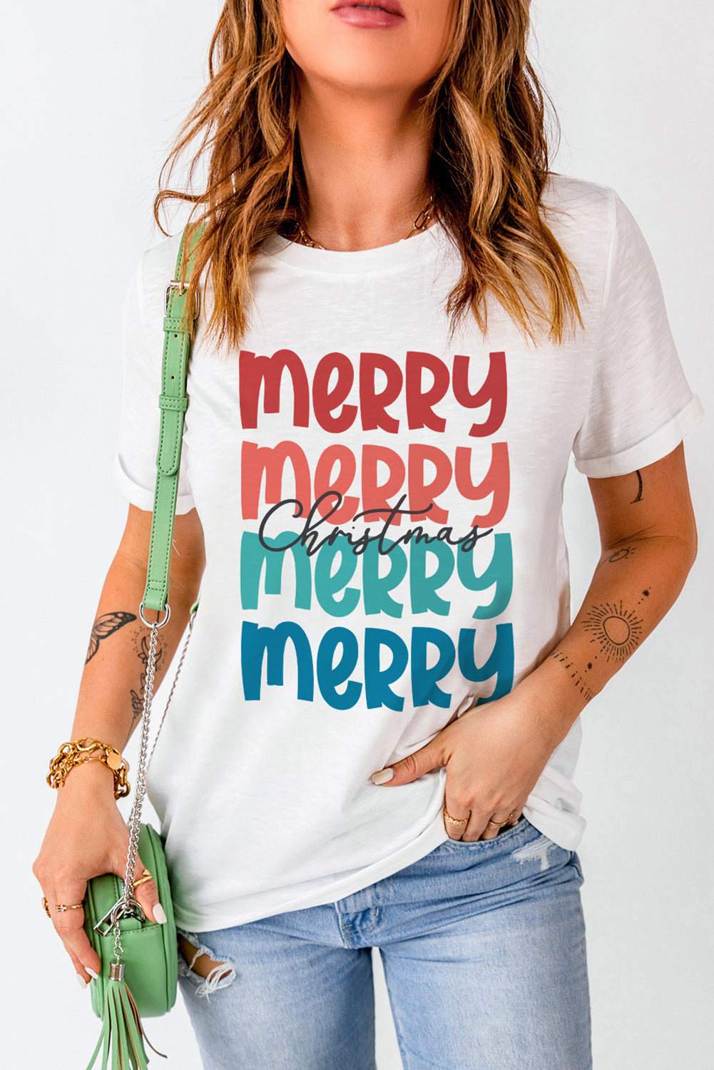 White Merry Christmas Letter Print Crew Neck T Shirt Graphic Tees JT's Designer Fashion