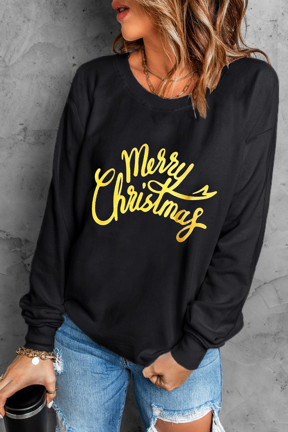 Black Merry Christmas Letter Graphic Drop Shoulder Sweatshirt Graphic Sweatshirts JT's Designer Fashion