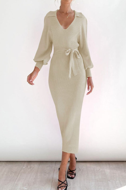 Tied Long Sleeve Wrap Sweater Dress Cream Maxi Dresses JT's Designer Fashion