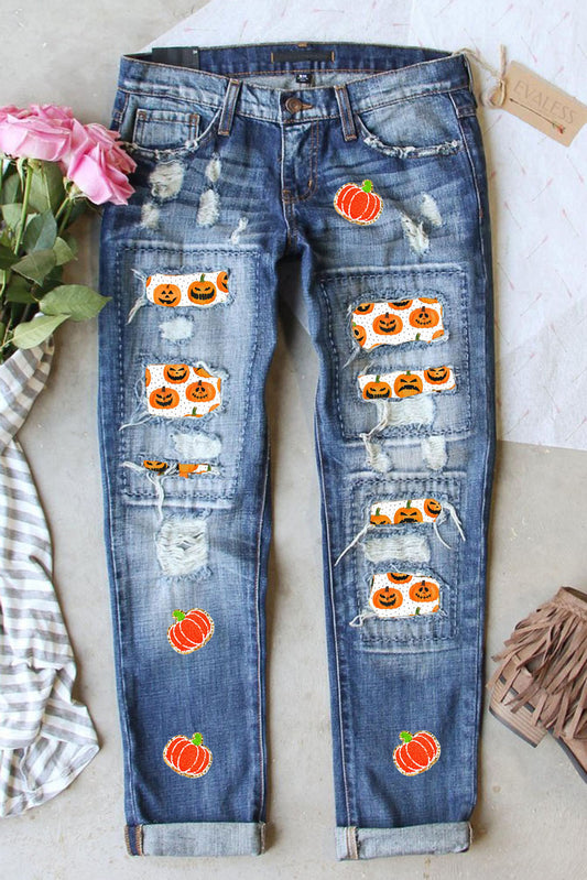 Sky Blue Ripped Pumpkin Patchwork Halloween Straight Jeans Graphic Pants JT's Designer Fashion