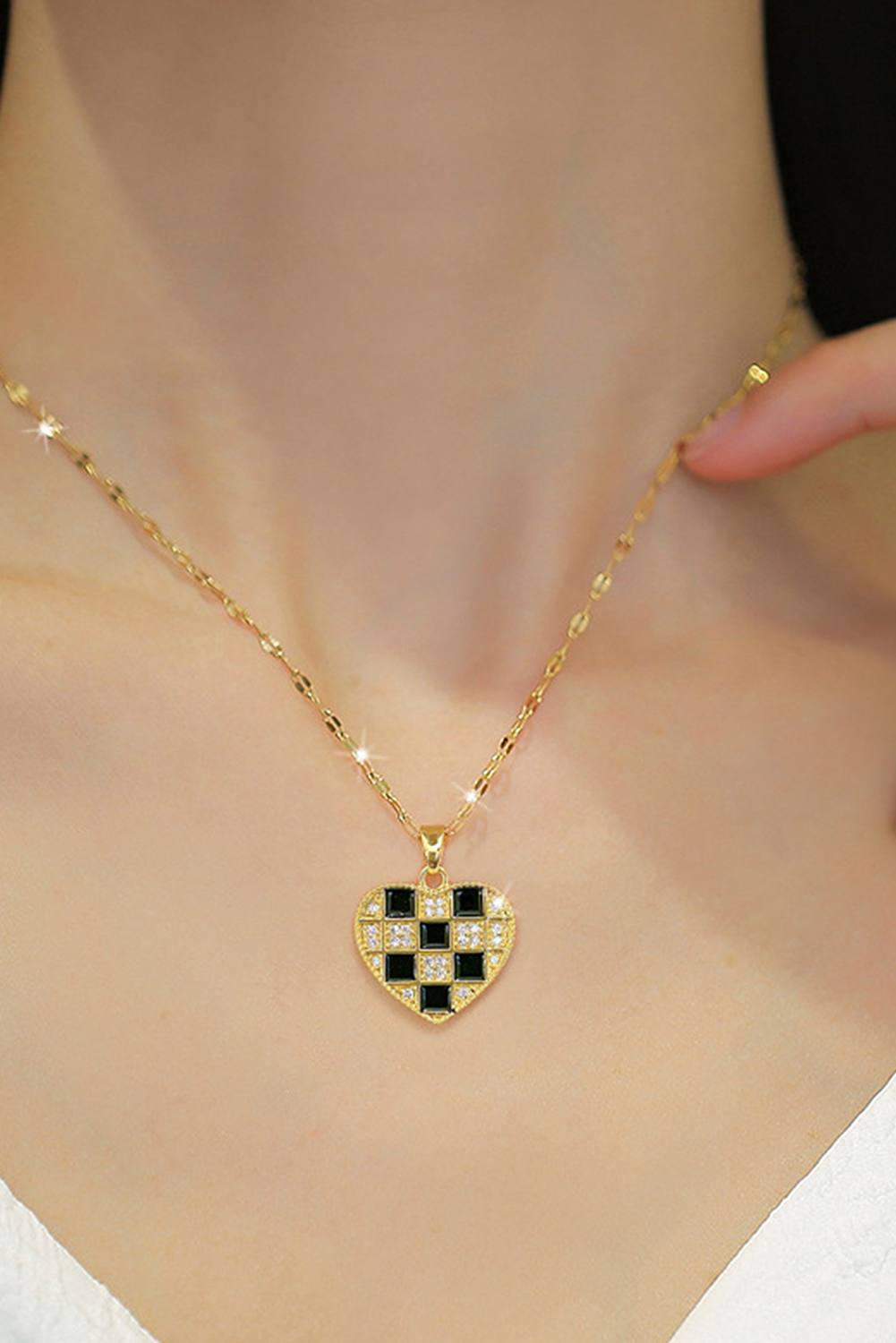 Gold Checker Heart Shape Pendant Necklace Jewelry JT's Designer Fashion