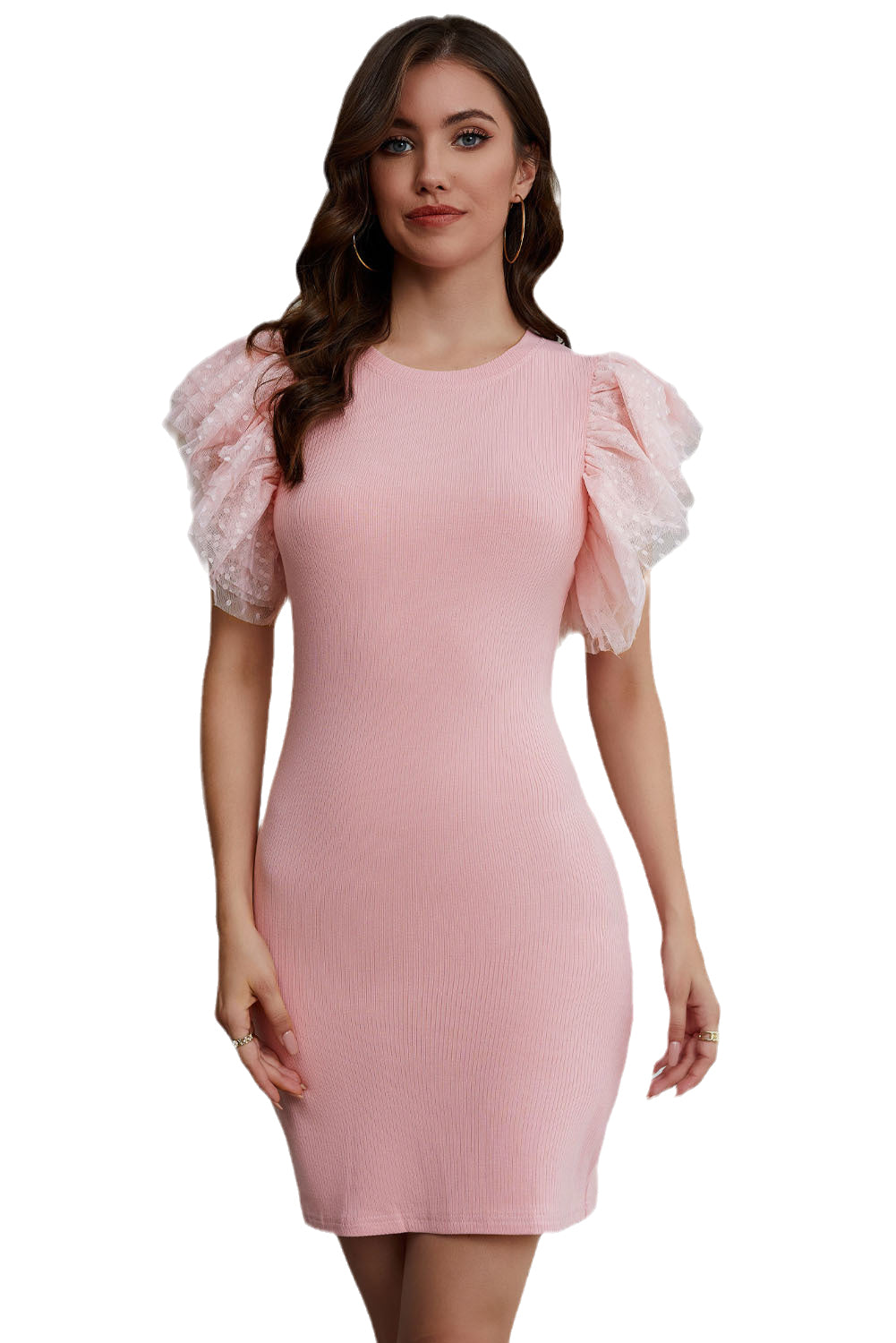 Pink Ruffle Tulle Sleeve Ribbed Knit Bodycon Dress Bodycon Dresses JT's Designer Fashion