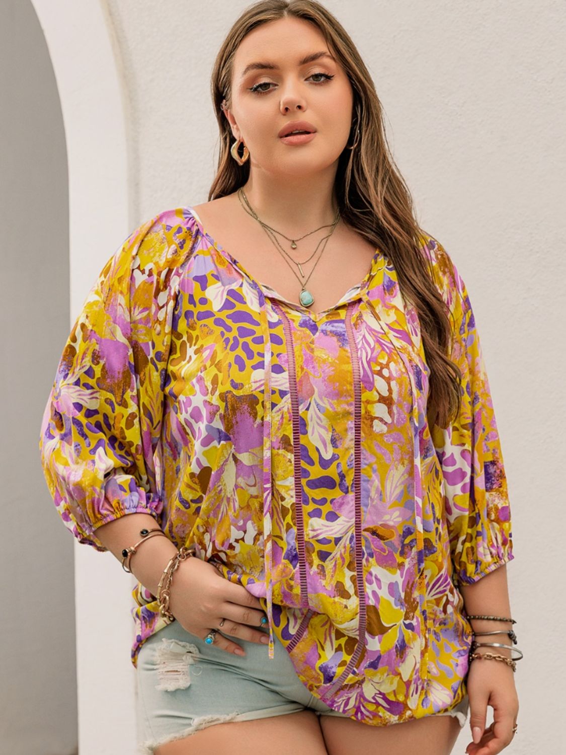 Plus Size Printed Tie Neck Blouse Blouses & Shirts JT's Designer Fashion