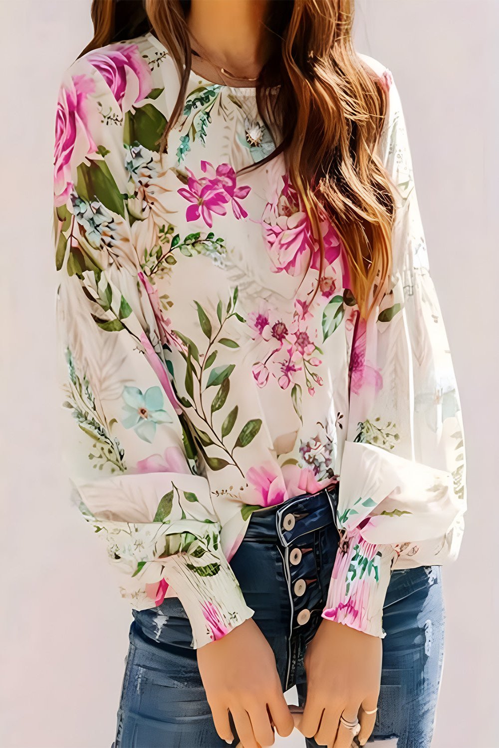 Printed Round Neck Lantern Sleeve Blouse Hot Pink Long Sleeve Tops JT's Designer Fashion