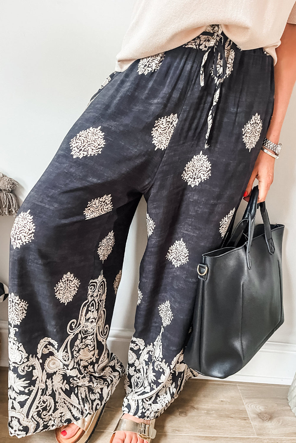 Black Bohemian Printed Drawstring Waist Wide Leg Pants Pants & Culotte JT's Designer Fashion