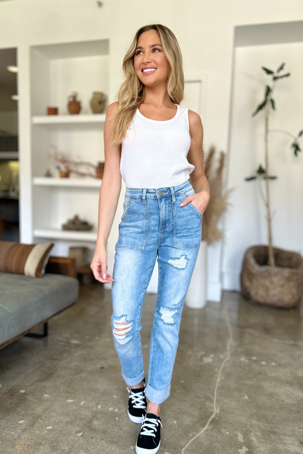Judy Blue Full Size Distressed Straight Jeans with Patch Pockets Jeans JT's Designer Fashion