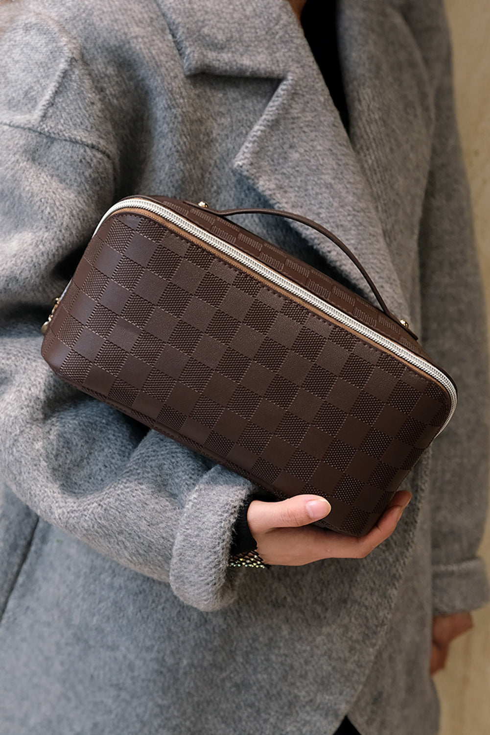 Chestnut Checkered Zipper Handle PU Leather Travel Makeup Bag Makeup Bags JT's Designer Fashion