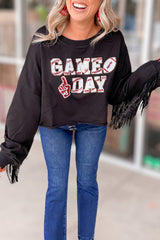 Black GAME DAY Rugby Sequined Tasseled Cropped Sweatshirt Sweatshirts & Hoodies JT's Designer Fashion