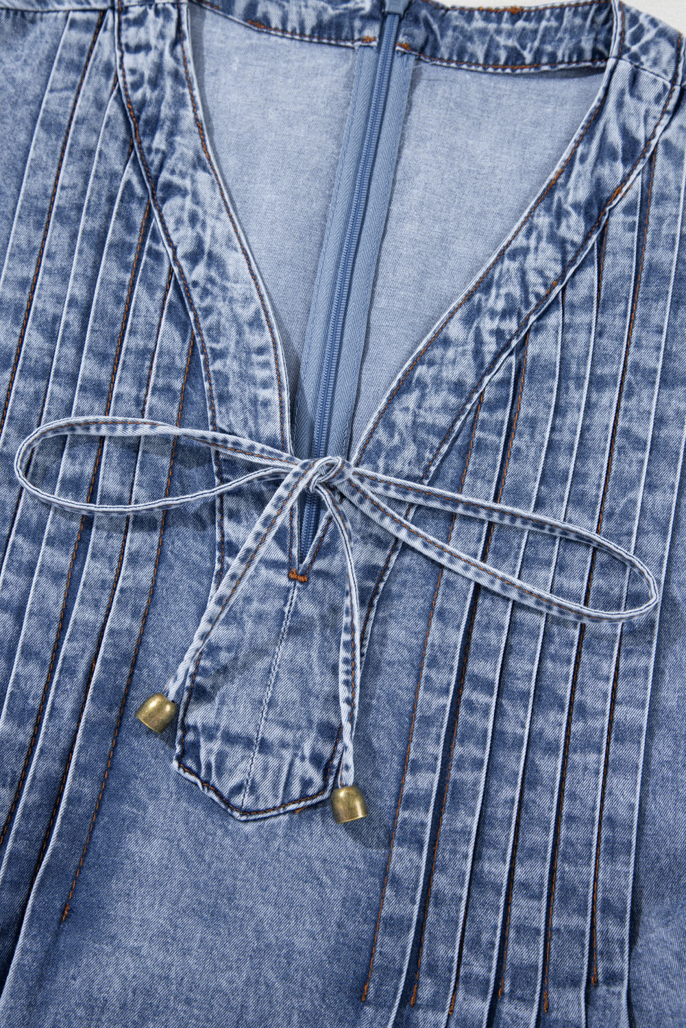 Beau Blue Tie V Neck Tucking Detail Short Sleeve Denim Shift Dress Mini Dresses JT's Designer Fashion