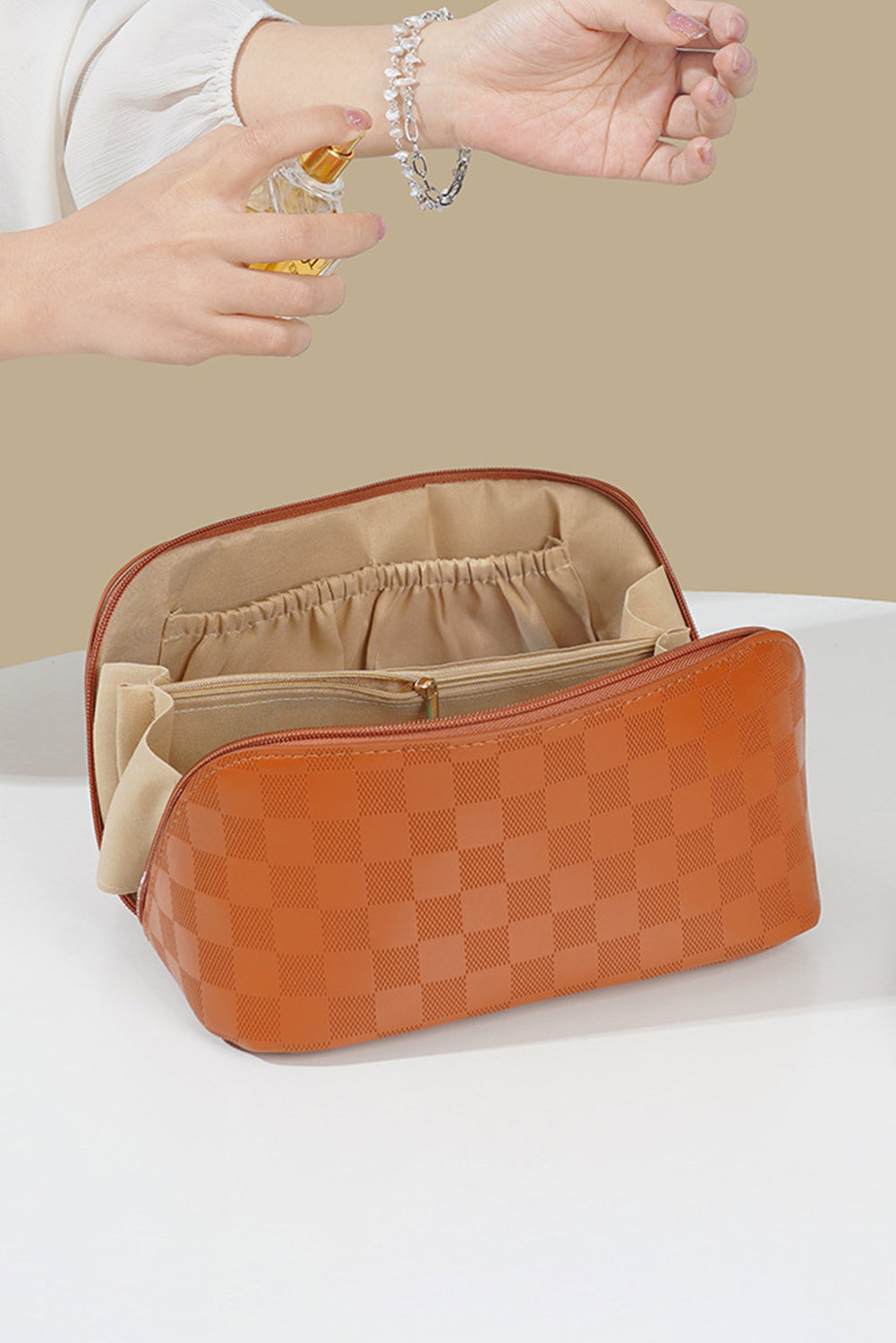 Thai Curry PU Leather Checkered Large Makeup Bag with Handle Makeup Bags JT's Designer Fashion