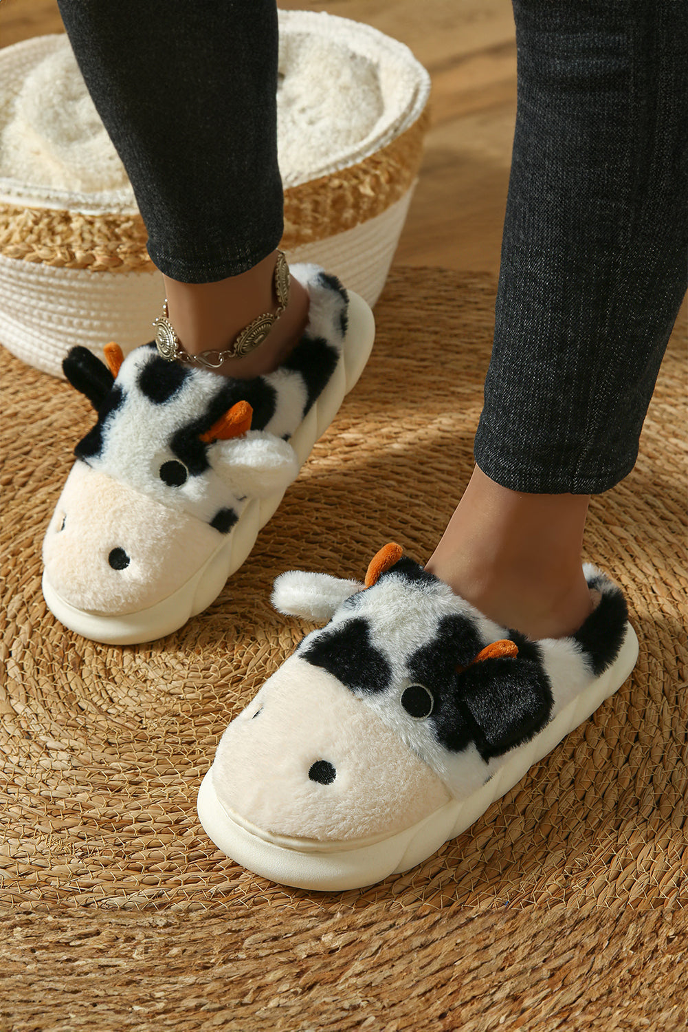 White Cute Cow Thick Sole Plush Thermal Home Slippers Slippers JT's Designer Fashion