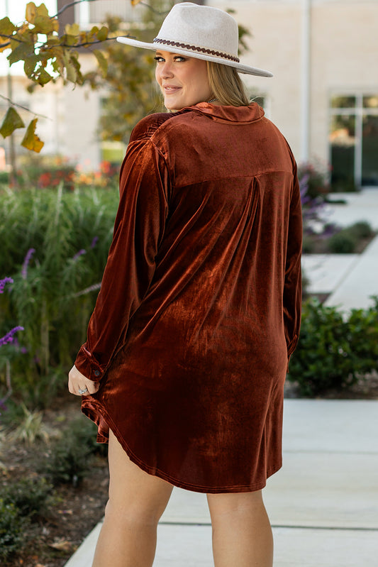 Coffee Plus Size V Neck Collared Pleated Back Rounded Hem Velvet Dress Plus Size Mini Dresses JT's Designer Fashion