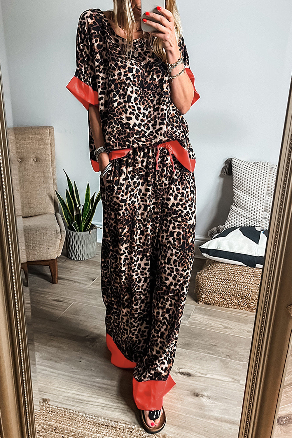 Brown Animal Print Color Contrast Edge Loose Fit Pants Set Pant Sets JT's Designer Fashion