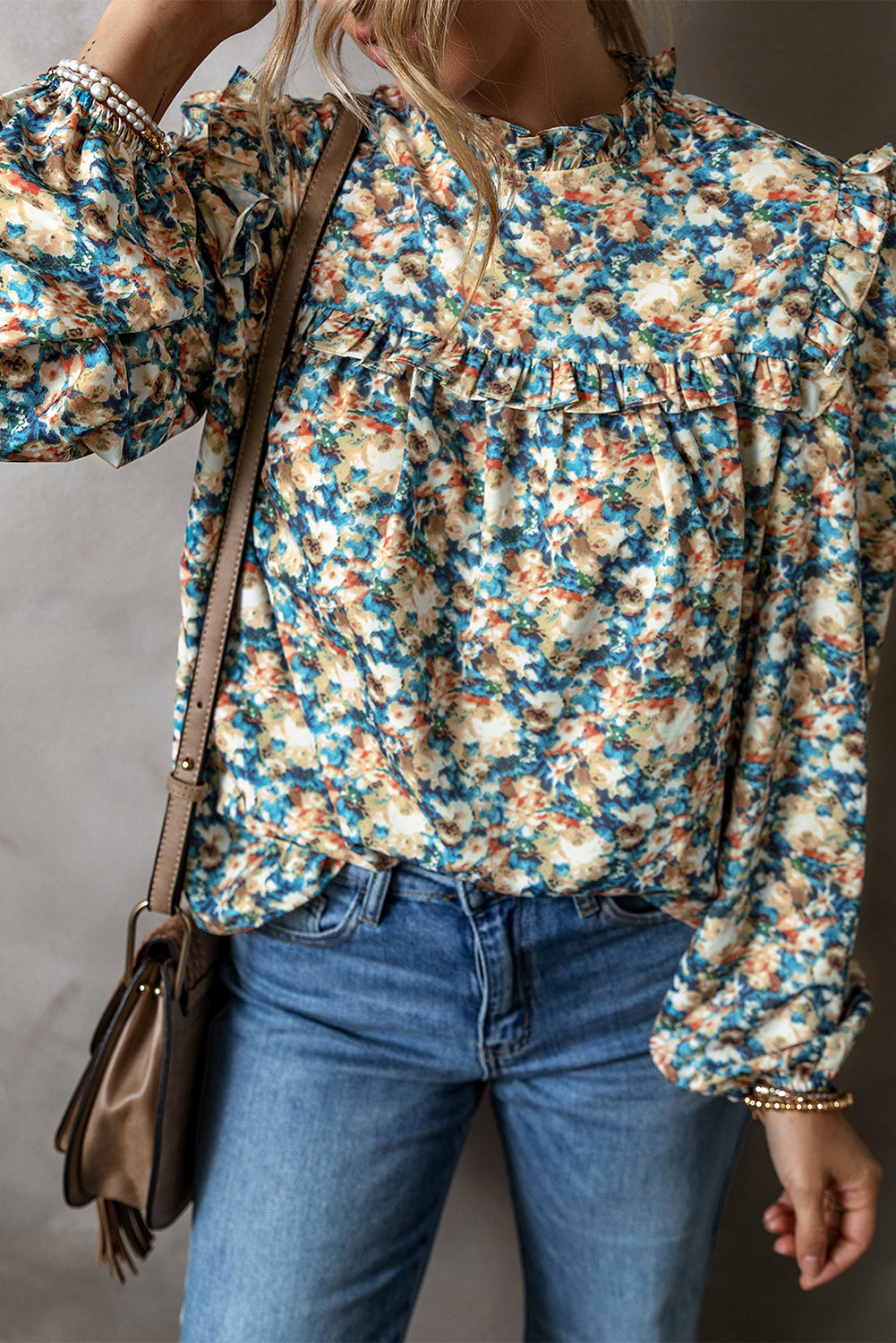 Sky Blue Floral Print Frilled Mock Neck Puff Sleeve Blouse Blouses & Shirts JT's Designer Fashion