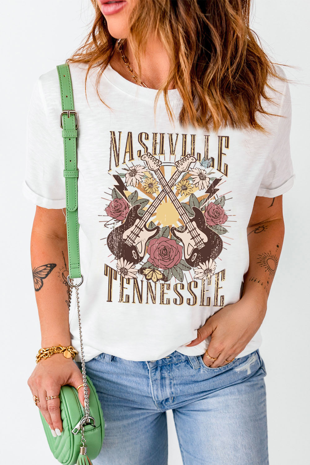 White Nashville Tennessee Guitar Rose Graphic Crewneck Tee Graphic Tees JT's Designer Fashion