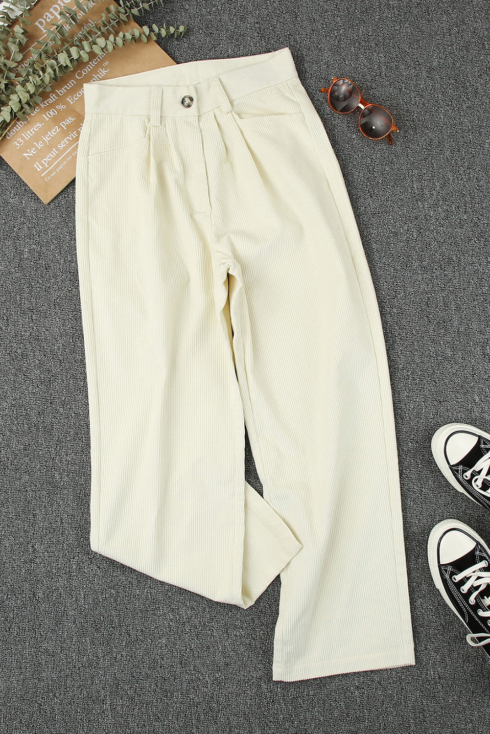 Beige Corduroy High Waist Straight Leg Pants Pants & Culotte JT's Designer Fashion