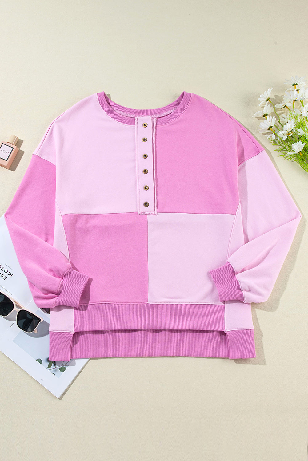 Pink Colorblock Henley High Low Oversize Sweatshirt Sweatshirts & Hoodies JT's Designer Fashion