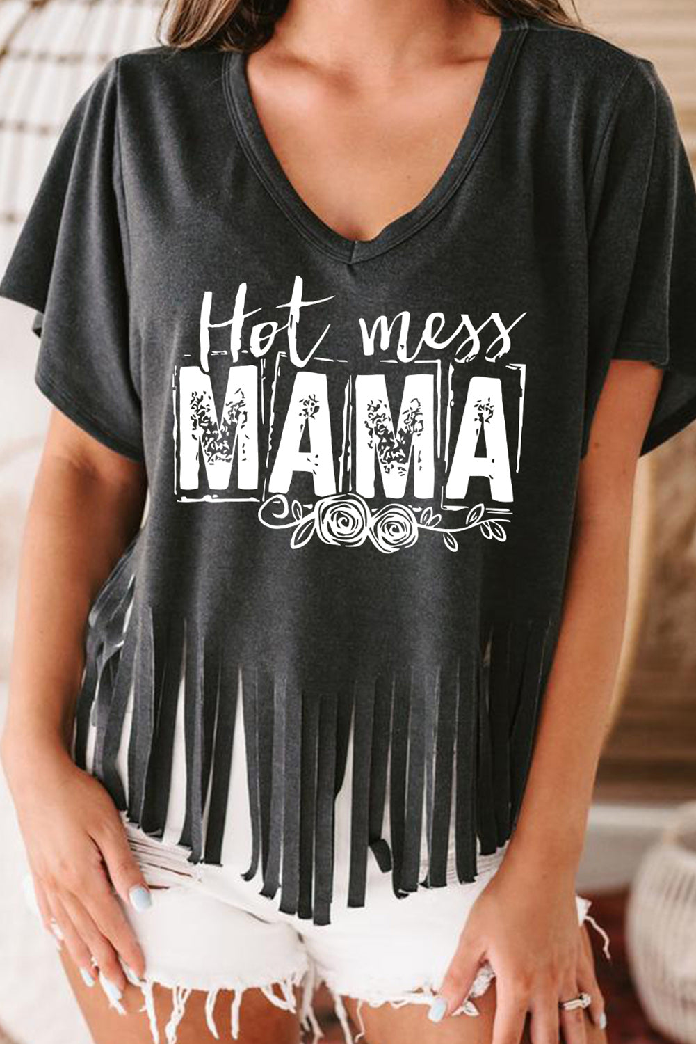 Black MAMA Hot Mess Fringed Hem V Neck T Shirt Graphic Tees JT's Designer Fashion