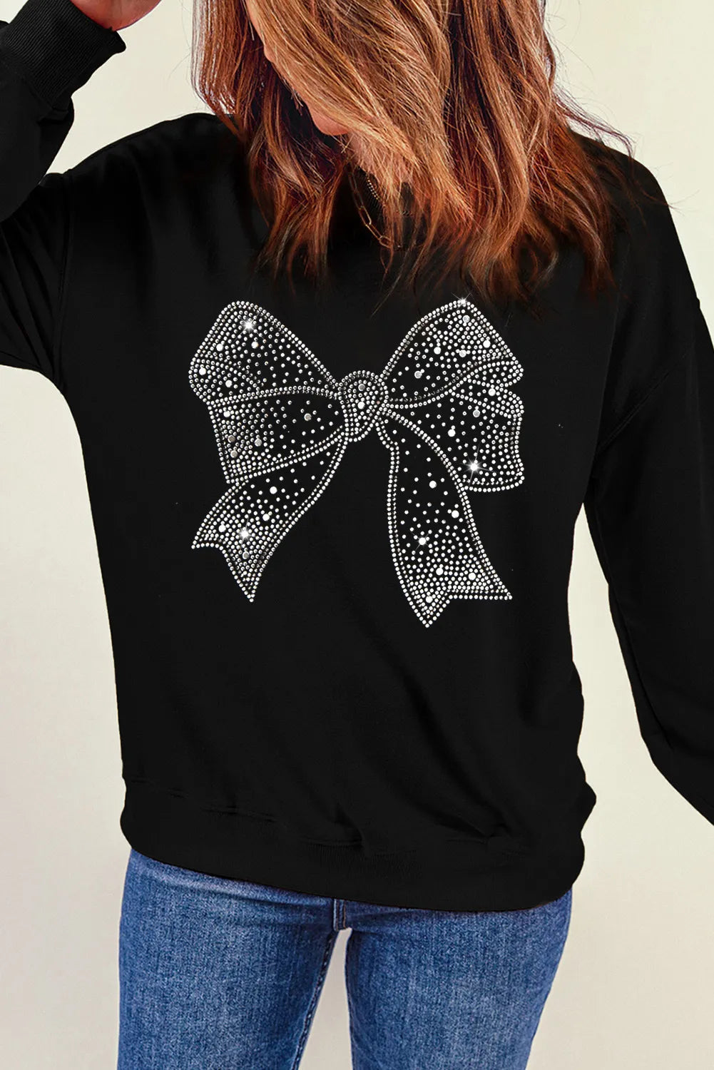 Rhinestone Bow Round Neck Long Sleeve Sweatshirt Long Sleeve Tops JT's Designer Fashion