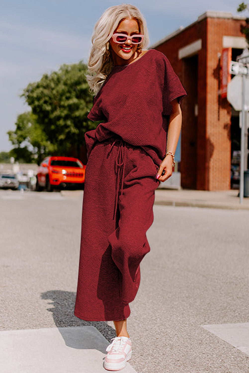 Red Dahlia Textured Loose Fit T Shirt and Drawstring Pants Set Pant Sets JT's Designer Fashion