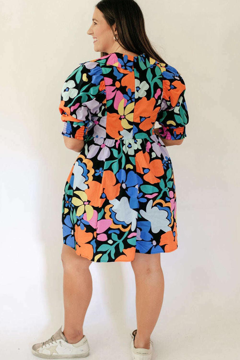 Blue Split Neck Collared Plus Floral Dress Plus Size JT's Designer Fashion