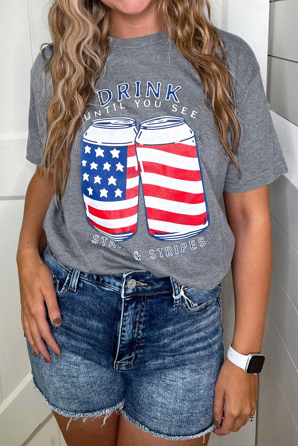 Gray USA Flag Drink Cans Slogan Graphic Tee Graphic Tees JT's Designer Fashion