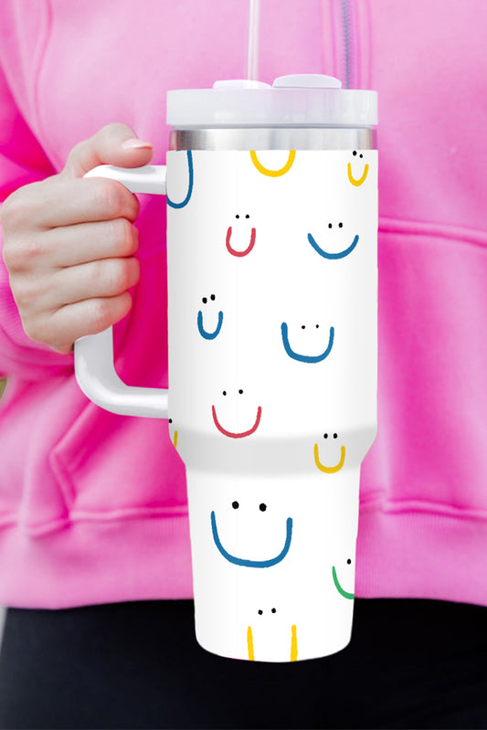 White Smiling Face Print Handle Vacuum Cup 1200ml Tumblers JT's Designer Fashion