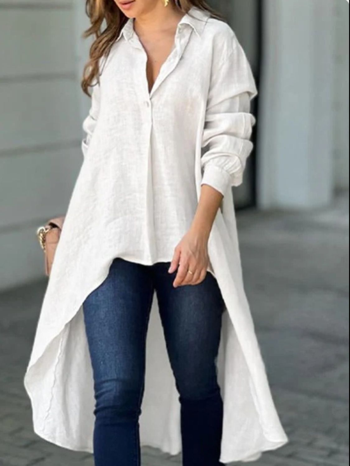 Full Size High-Low Collared Neck Long Sleeve Shirt White Long Sleeve Tops JT's Designer Fashion