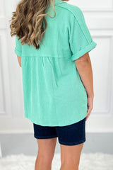 Mint Green Corded Button V Neck Raglan Sleeve T Shirt Pre Order Tops JT's Designer Fashion
