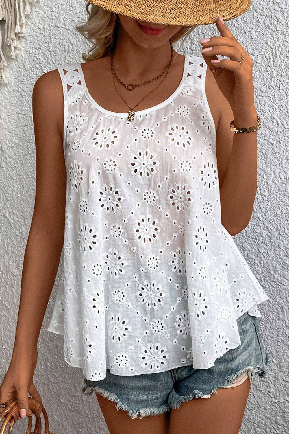 Eyelet Round Neck Wide Strap Tank Tank Tops JT's Designer Fashion