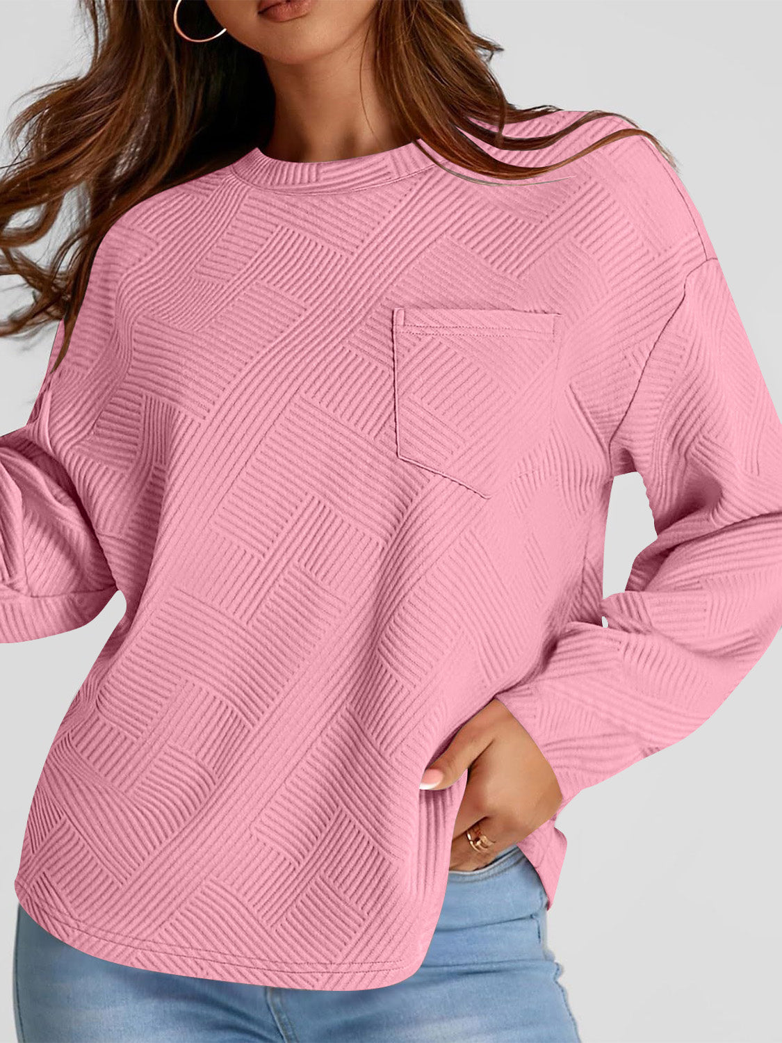 Full Size Texture Round Neck Long Sleeve Sweatshirt Long Sleeve Tops JT's Designer Fashion