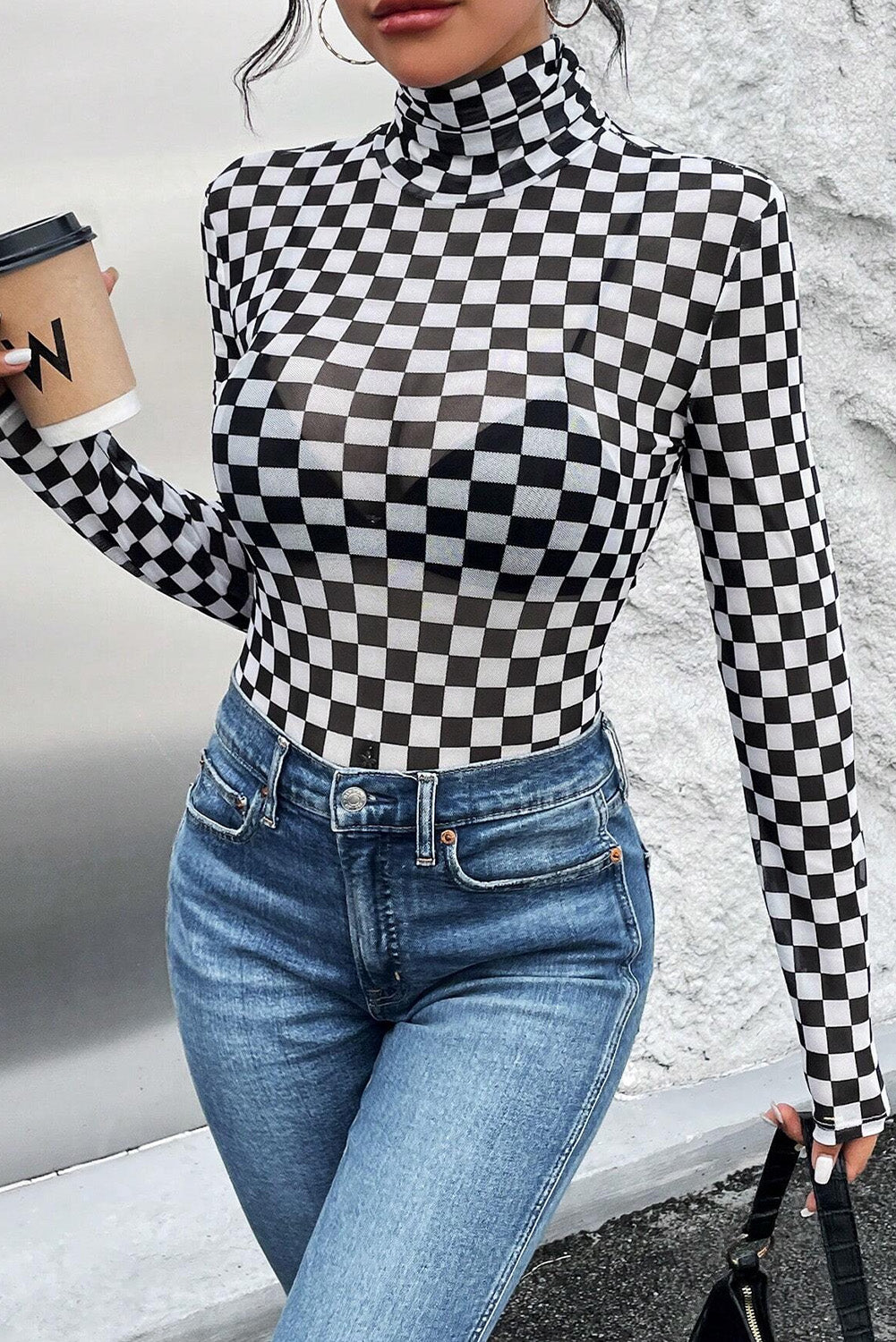 Black Checkered Printed Long Sleeve High Neck Bodysuit Bodysuits JT's Designer Fashion