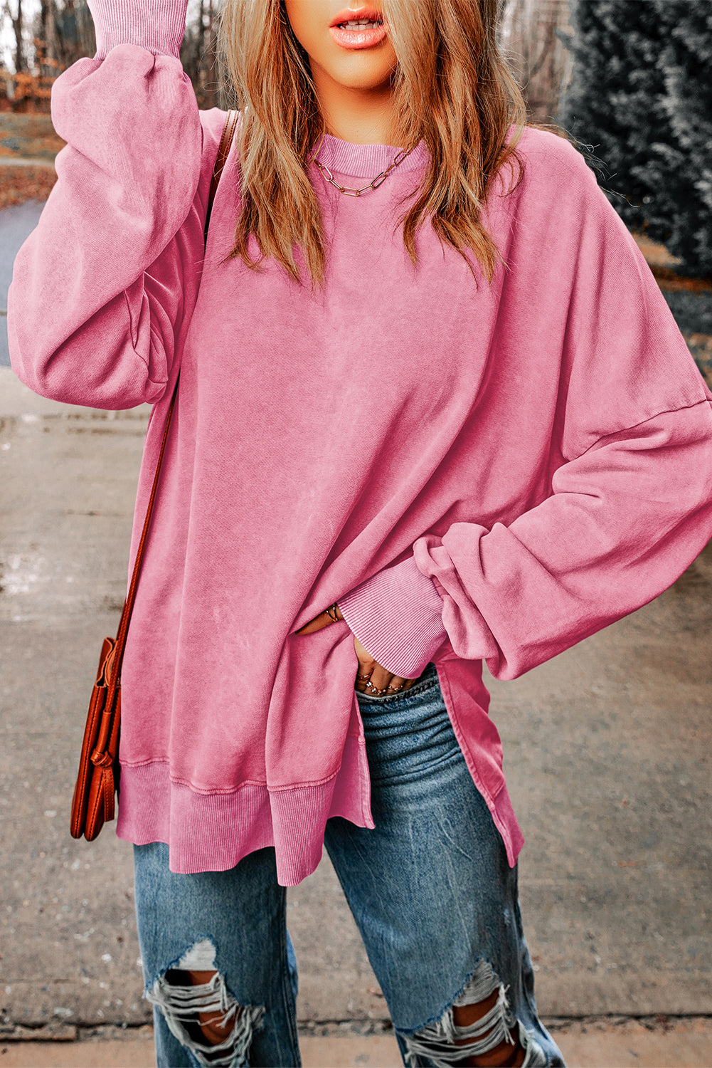 Pink Drop Shoulder Ribbed Trim Oversized Sweatshirt Sweatshirts & Hoodies JT's Designer Fashion