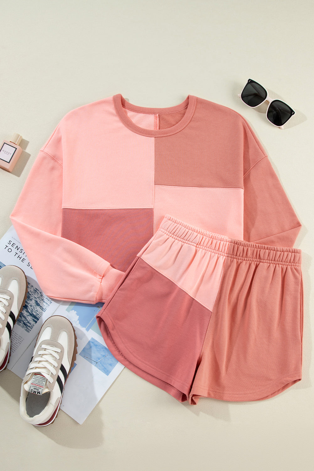 Peach Blossom Colorblock Patchwork Long Sleeve Shorts Outfit Short Sets JT's Designer Fashion