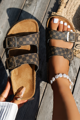 Coffee Geometric Print Cut Out Buckle Leather Flat Slippers Slippers JT's Designer Fashion