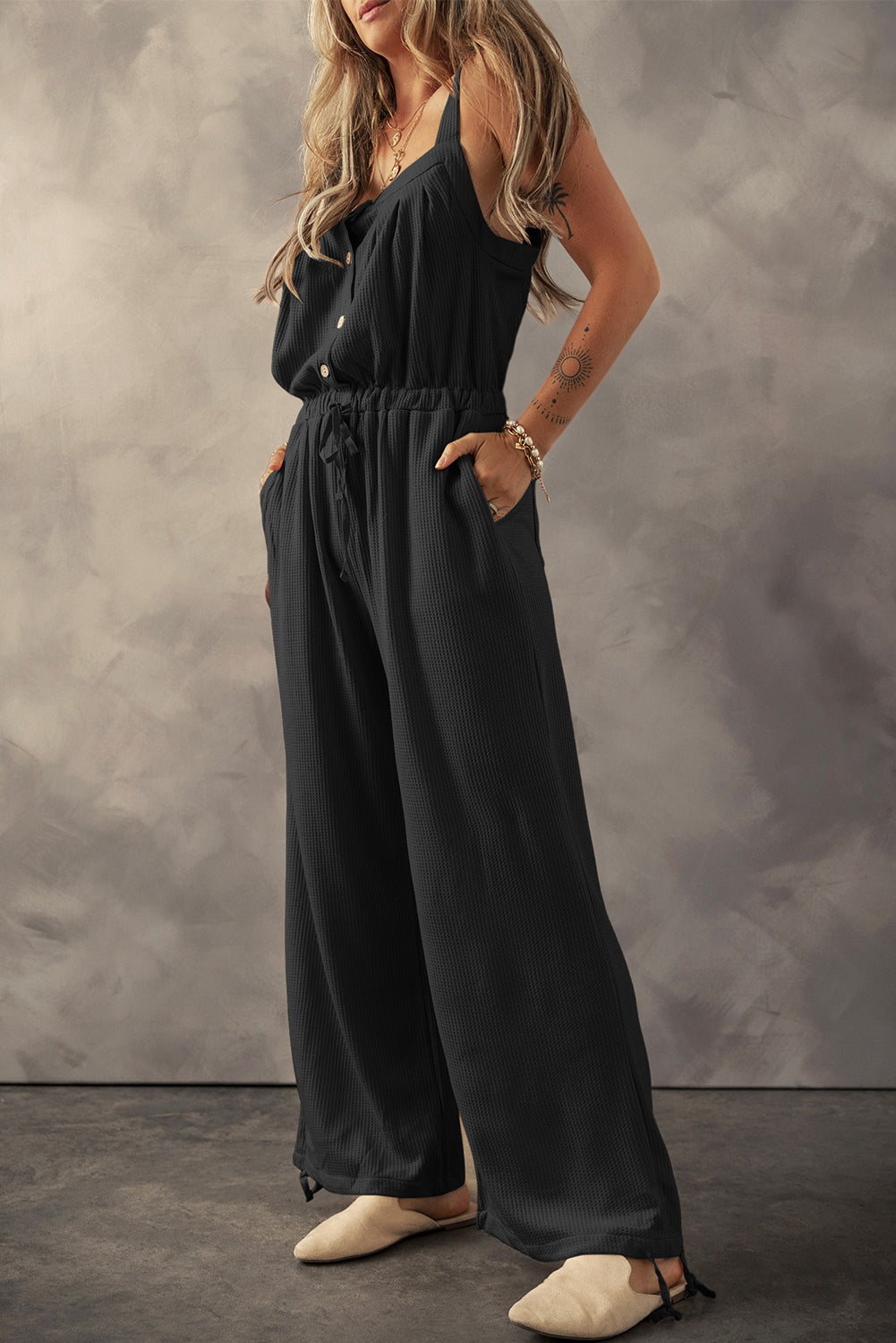 Black Knotted Straps Button Textured Drawstring Jumpsuit Pre Order Bottoms JT's Designer Fashion