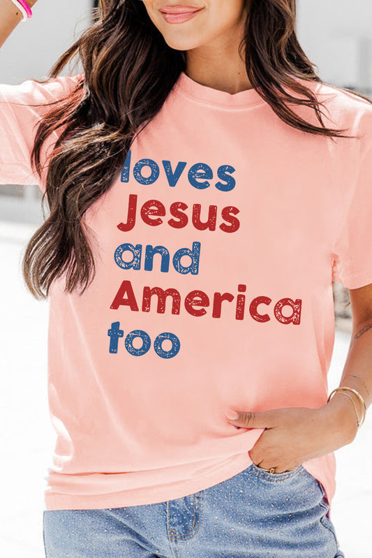 Pink loves Jesus and America too Vintage Letter Graphic Tee Graphic Tees JT's Designer Fashion