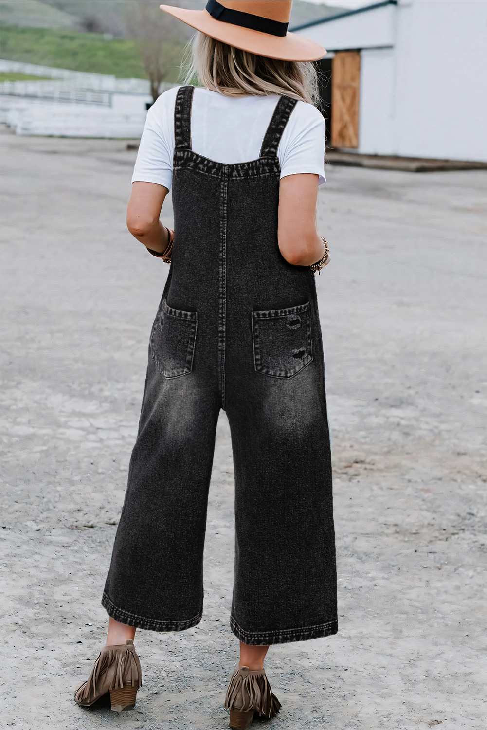 Black Distressed Bib Pocket Wide Leg Denim Overall Jumpsuits & Rompers JT's Designer Fashion