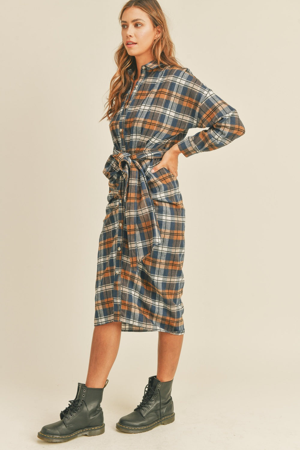 Plaid Flannel Front Tie Button Down Shirt Dress T Shirt Dresses JT's Designer Fashion