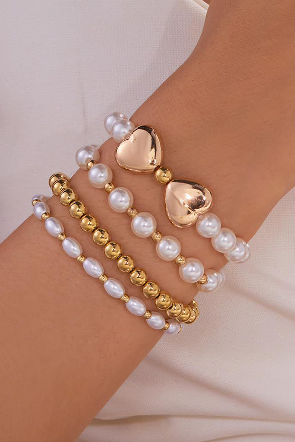 Gold Heart Pearl Plated Beaded Elastic Bracelet Set Jewelry JT's Designer Fashion