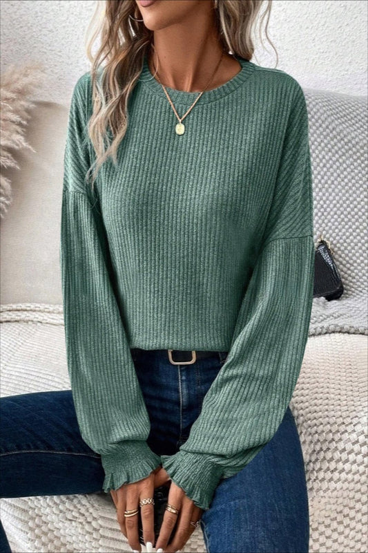 Ribbed Round Neck Lantern Sleeve T-Shirt Army Green Long Sleeve Tops JT's Designer Fashion