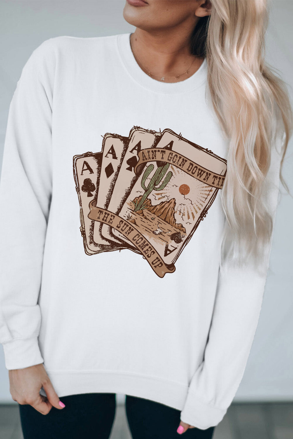 White Retro Desert Sunset Pocker Cards Print Sweatshirt Graphic Sweatshirts JT's Designer Fashion