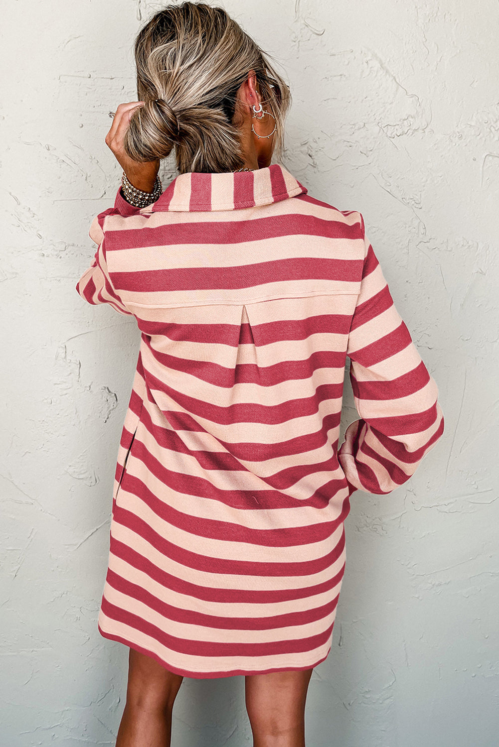 Pink Stripe Collared V Neck Long Sleeve Loose Casual Dress Mini Dresses JT's Designer Fashion