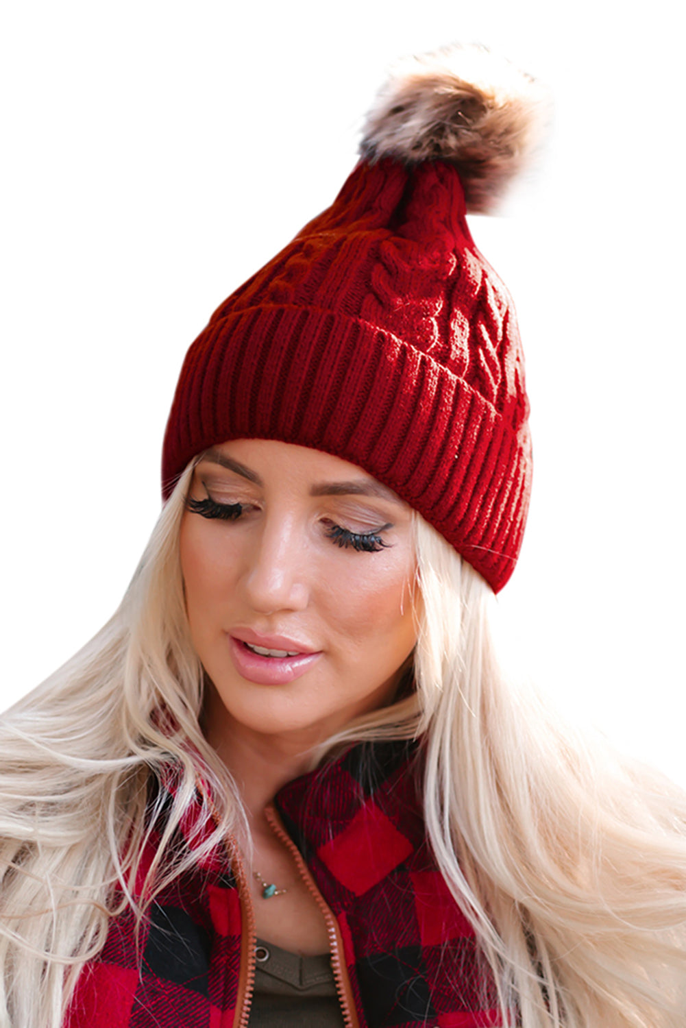 Red Cable Knit Furry Pompom Beanie Hats & Caps JT's Designer Fashion