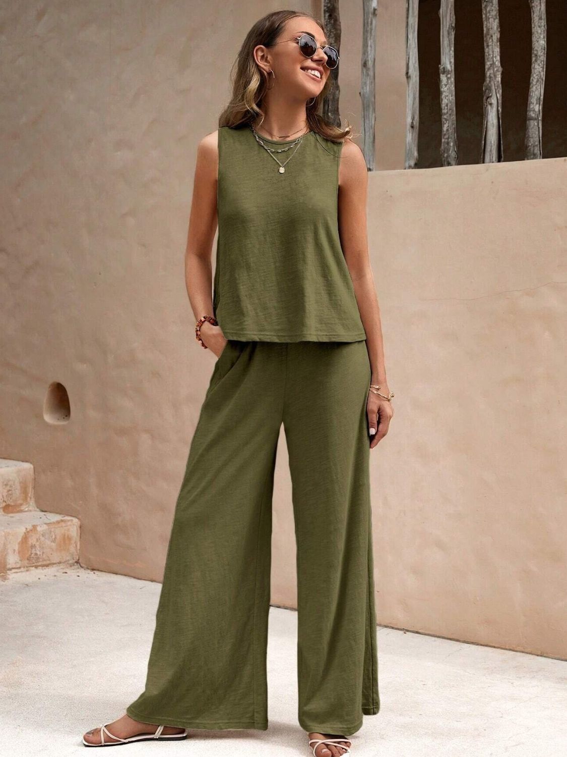 Round Neck Sleeveless Top and Wide Leg Pants Set Army Green Pant Sets JT's Designer Fashion